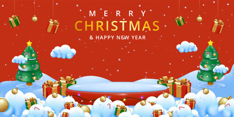 Naklejka premium Merry Christmas and Happy New Year background. sale promotion poster banner with product display and festive decoration red background.