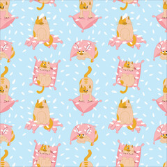 A cute cat tore a pillow with feathers. Damage to the interior of the house by animals. Seamless illustration. Design of fabric, paper or wallpaper