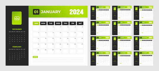 2024 dark and green Calendar Desktop Planner Template. Corporate business wall or desk simple Planner calendar with week start Sunday. Calendar Planner Template with Place for Photo and Company Logo.