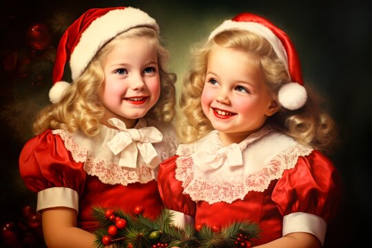painted vintage style merry christmas card with two  happy children with Santa clothes and Xmas gifts , 1940 1950 retro Xmas concept