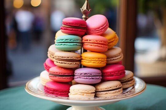 A visually appealing tower of colorful macarons arranged neatly on a plate. This image can be used to showcase delicious desserts or as a vibrant addition to food-related content.