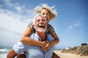 Un couple senior, amoureux qui s'enlace sur la plage sous un beau ciel bleu d'été - obrazy, fototapety, plakaty