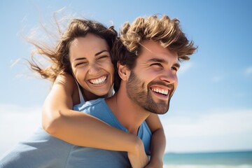 Un jeune couple amoureux s'enla&ccedil;ant sur la plage sous un beau ciel bleu d'&eacute;t&eacute;.