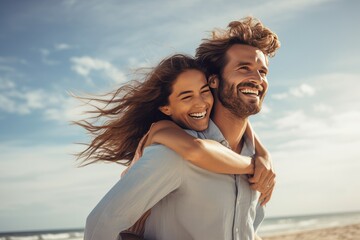 Un jeune couple amoureux s'enlace sur la plage sous un beau ciel bleu d'été - obrazy, fototapety, plakaty