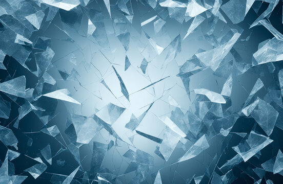 Pieces of broken ice or glass on dark background. Abstract blue background. Background of Broken Glass Crystals, Reflecting Fragmented. Generative AI