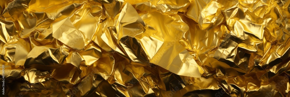 Poster captivating gold crumpled foil texture as a captivating backdrop for design and creativity.
