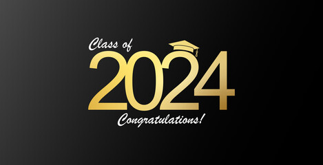 Futuristic graduation class of 2024 banner concept with glowing low polygonal golden graduation cap. - obrazy, fototapety, plakaty