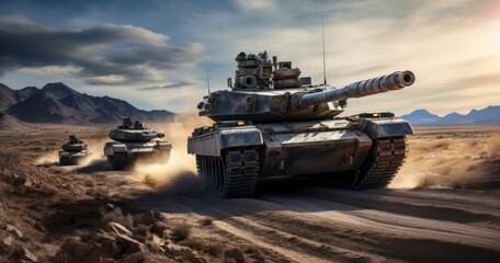 Military or army special operation. Main battle tanks drive crosses in the desert. Generative AI - obrazy, fototapety, plakaty