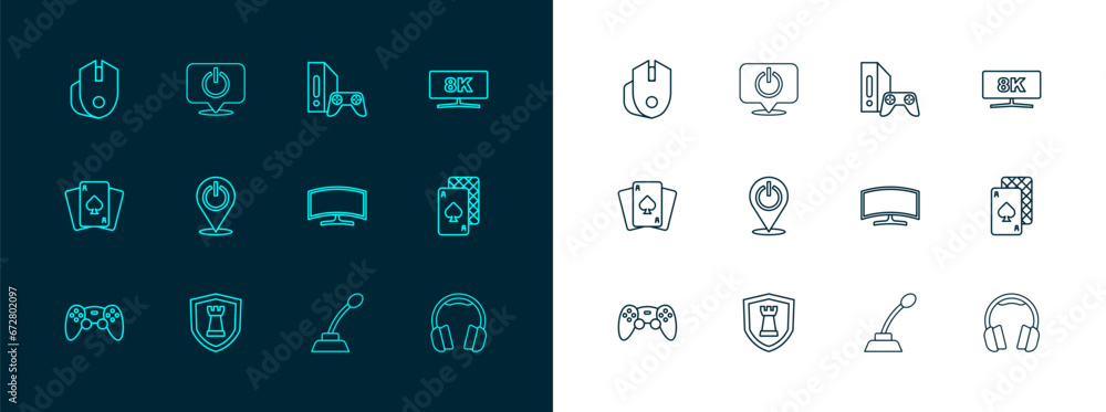Poster set line computer monitor, chess shield, microphone, power button, game console with joystick, mouse