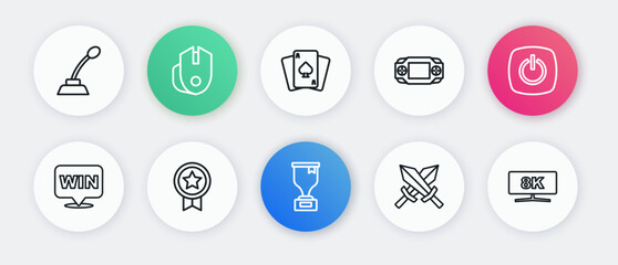 Set line Award cup, Power button, Medal, Sword for game, Portable video console, Playing cards, Computer monitor and Game rating with medal icon. Vector
