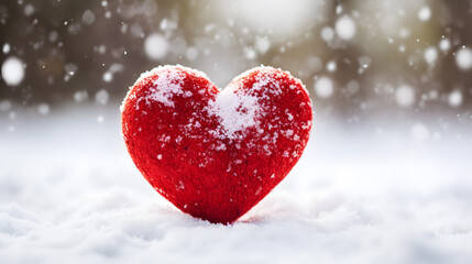 Snow Covered Red Heart Shaped Object in Winter Season Concept