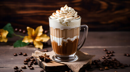 Layered Coffee with Whipped Cream and Cinnamon, Coffee Beans, Anise Star, Yellow Flowers on Wooden Surface