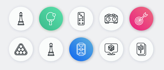 Set line Table football, Classic dart board and arrow, Billiard balls in triangle, Game dice, Time chess clock, Domino, Mahjong pieces and Chess icon. Vector