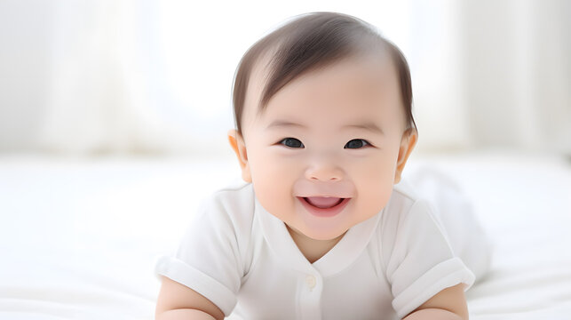 Joyful Asian Baby Smiling on White Background