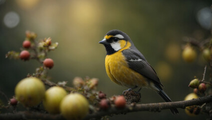 Fototapeta premium Bellissimo uccello con piume di colore giallo, bianco e nero su un ramo vicino a delle bacche. Sfondo sfocato.