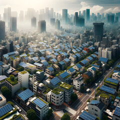 Urban landscape with buildings covered in solar panels and green roofs.