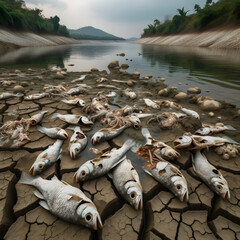 Dead fish on cracked riverbed depicting drought and environmental distress.
