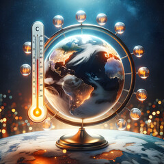 Globe with temperature gauge representing global warming.