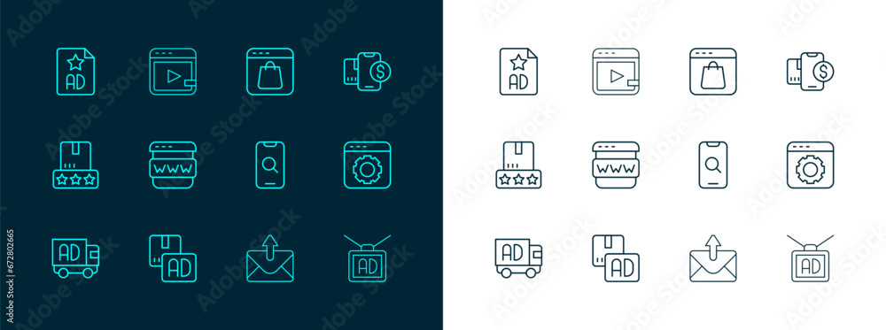 Poster Set line Mobile with dollar, Advertising, Magnifying glass and mobile, Mail e-mail, Browser window, Online shopping on screen, and Video advertising icon. Vector