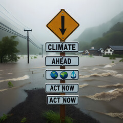 Flooded area with climate action signs.