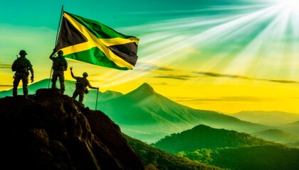 Silhouettes of soldiers placing Jamaica national flag on the peak of a mountain - obrazy, fototapety, plakaty