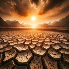 Sunset over a parched landscape with cracked soil.