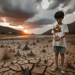 Child holding dry flowers on cracked earth with a dramatic sunset.