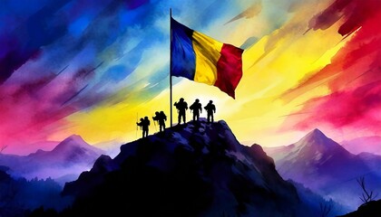 Silhouettes of soldiers placing Romania national flag on the peak of a mountain - obrazy, fototapety, plakaty