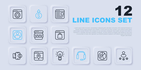 Set line Market analysis, Consumer product rating, Browser window, Headphones, Create account screen, Infographic of city map, Financial growth dollar and Light bulb icon. Vector