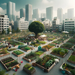 Urban community garden with lush greenery in a cityscape