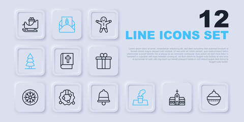Set line Church building, Christmas ball, Holy bible book, chimney, tree, wreath, Envelope and ringing bell icon. Vector