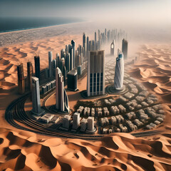 Futuristic desert oasis with buildings