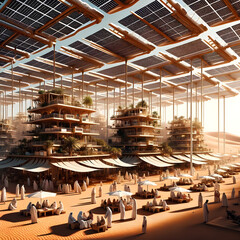 Futuristic desert oasis with solar panels and tiered green buildings.