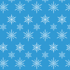 Seamless winter pattern with snowflakes. Festive pattern for fabric, packaging, background. White snowflakes on blue. The pattern in the samples. Vector.