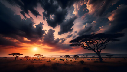 Savannah under dramatic sunset skies with iconic acacia trees.