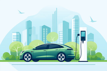 flat vector environmental conservation concept with electric car, electric car preparing to charge at charging station on building background