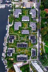 Aerial top view of a cityscape of buildings