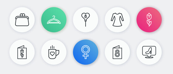 Set line Female gender symbol, Flower tulip, Greeting card with 8 March, Woman dress, Balloons, shoe and Coffee cup and heart icon. Vector