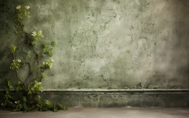 Foto op Canvas Tappezzeria Fiori Foglie Piante muro rovinato verde muffa © Sean Maxhell