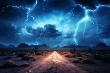 Fotobehang Dazzling lightning bolt illuminates majestic mountain landscape in awe inspiring spectacle © Ilja