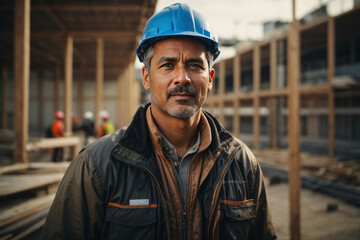 Portrait of builder, worker, contractor wearing a blue helmet on the background of an object under construction