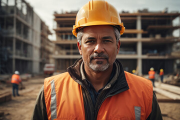 Close-up Portrait of a handsome smiling male builder wearing an orange uniform and helmet against the background of a building under construction - obrazy, fototapety, plakaty