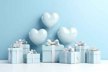 Happy birthday celebration heart shaped balloons and gift boxes flying on light blue background