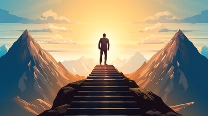 Businessman and stair step to top mountain, Business and success concept - obrazy, fototapety, plakaty
