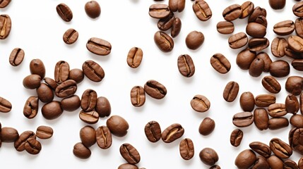 Naklejka premium Flying coffee beans on a white background. AI generative