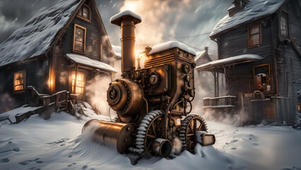 steampunk snowblower in old village - obrazy, fototapety, plakaty