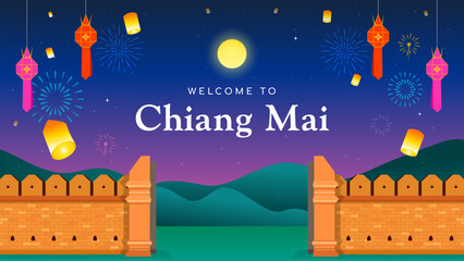 Welcome to Chiang Mai background vector illustration. Beautiful fireworks and lanterns celebration in Chiang Mai