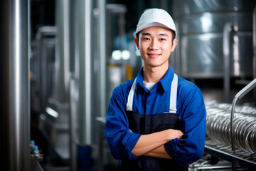 Worker in uniform on a conveyor belt at his workplace