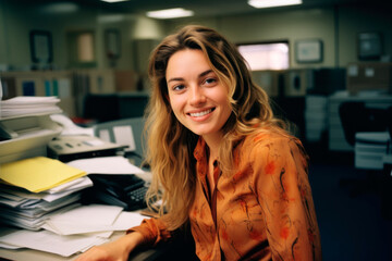 The girl smiles at her workplace in the office. Paperwork
