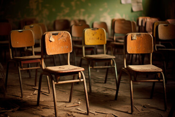 Rows of chairs in an abandoned school